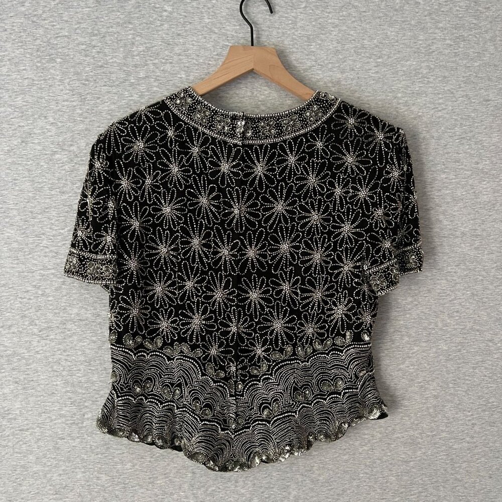 Vintage 90s Papell Boutique Evening Beaded Silk Top Womens XL Black Silver Spark - Picture 2 of 13